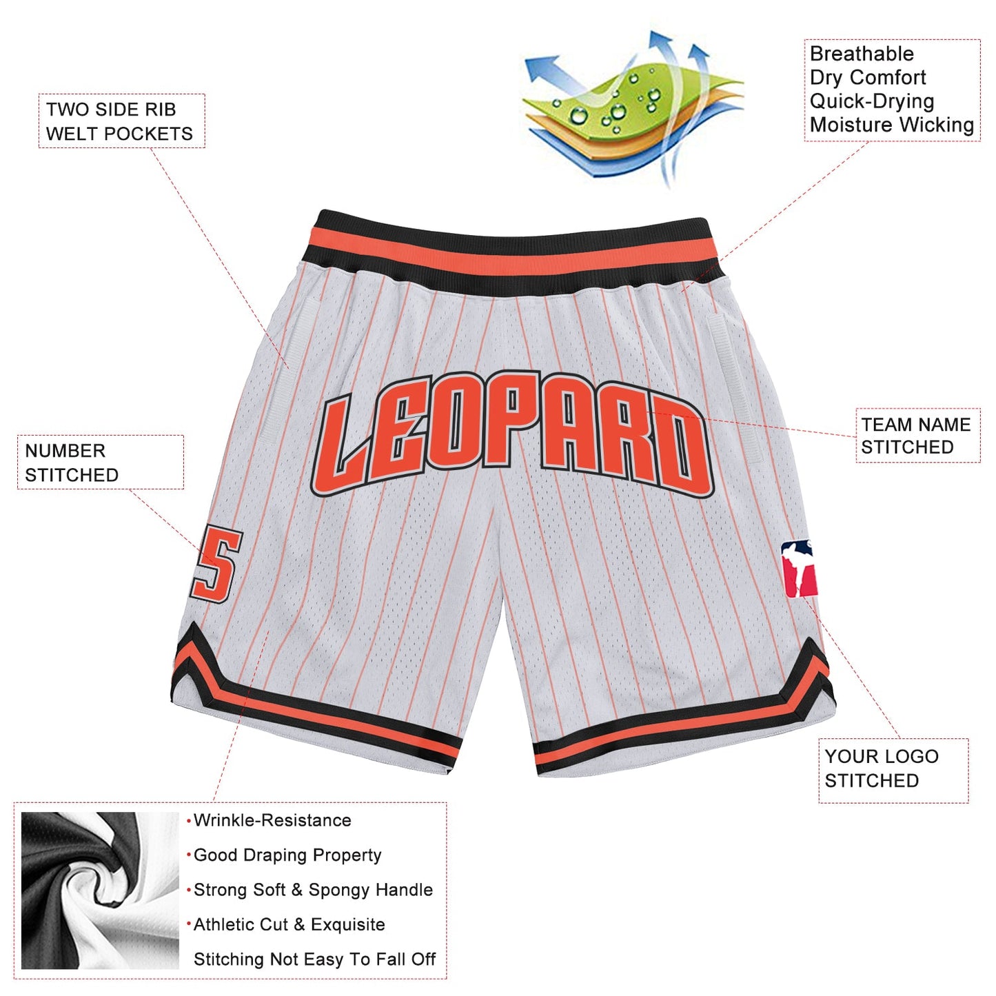 Custom White Orange Pinstripe Orange-Black Authentic Basketball Shorts view 2