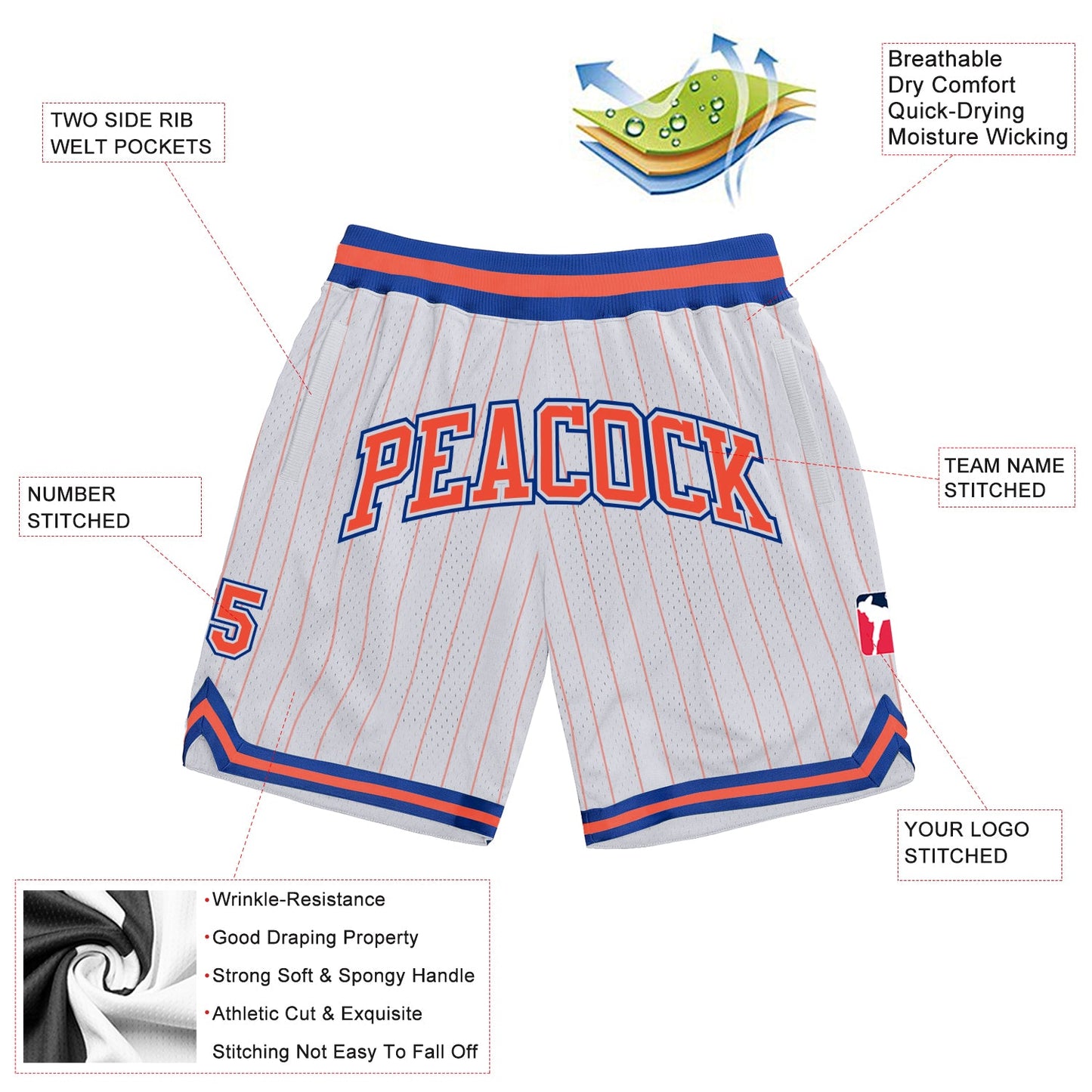 Custom White Orange Pinstripe Orange-Royal Authentic Basketball Shorts view 2