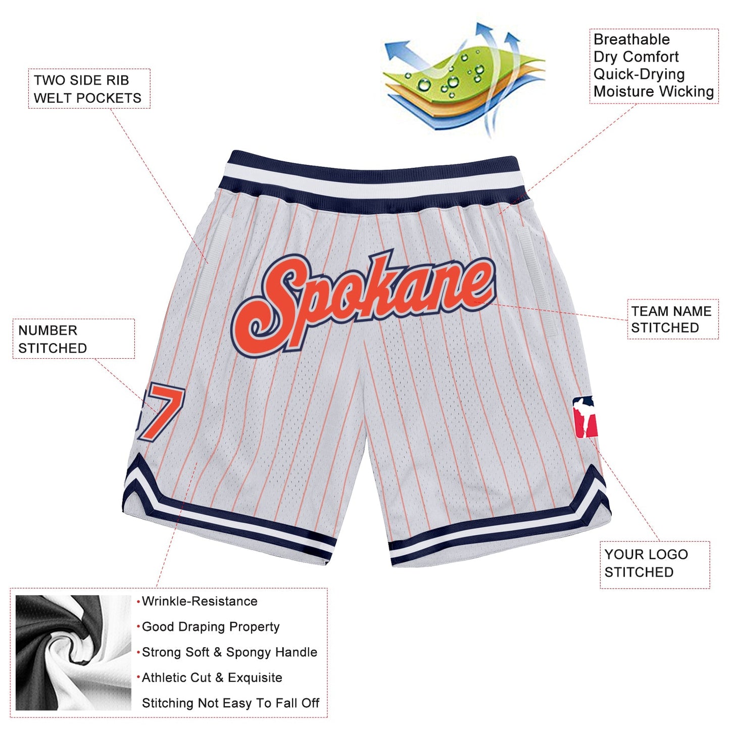 Custom White Orange Pinstripe Orange-Navy Authentic Basketball Shorts view 2