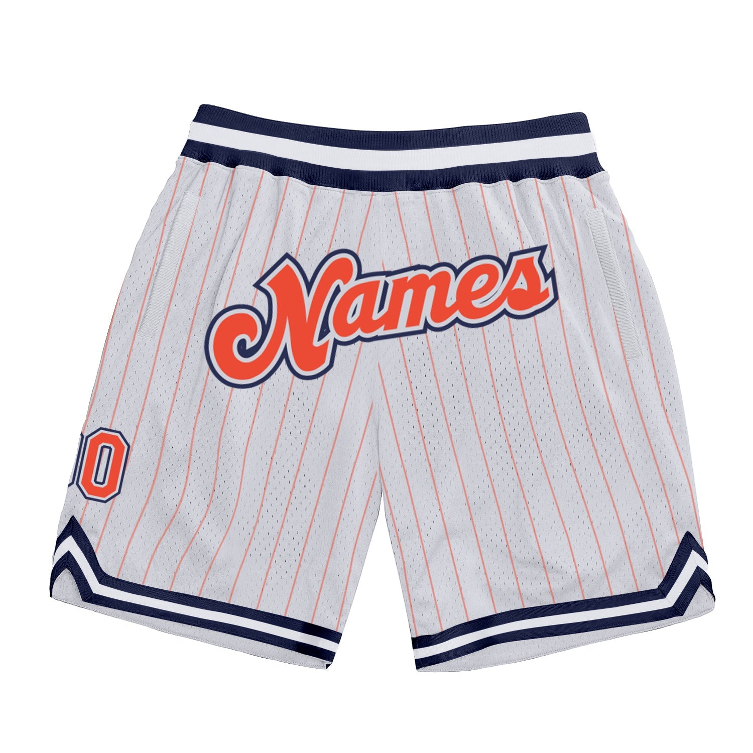 Custom White Orange Pinstripe Orange-Navy Authentic Basketball Shorts - Main View