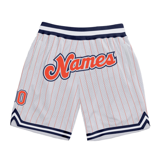 Custom White Orange Pinstripe Orange-Navy Authentic Basketball Shorts - Main View