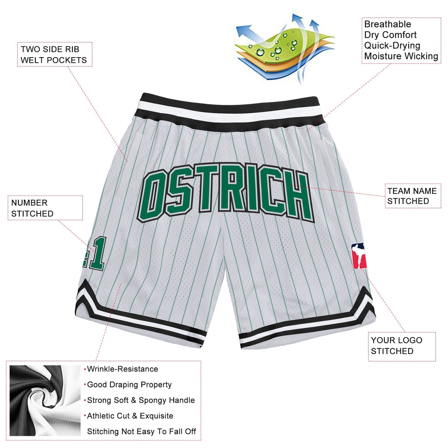 Custom White Kelly Green Pinstripe Kelly Green-Black Authentic Basketball Shorts view 2