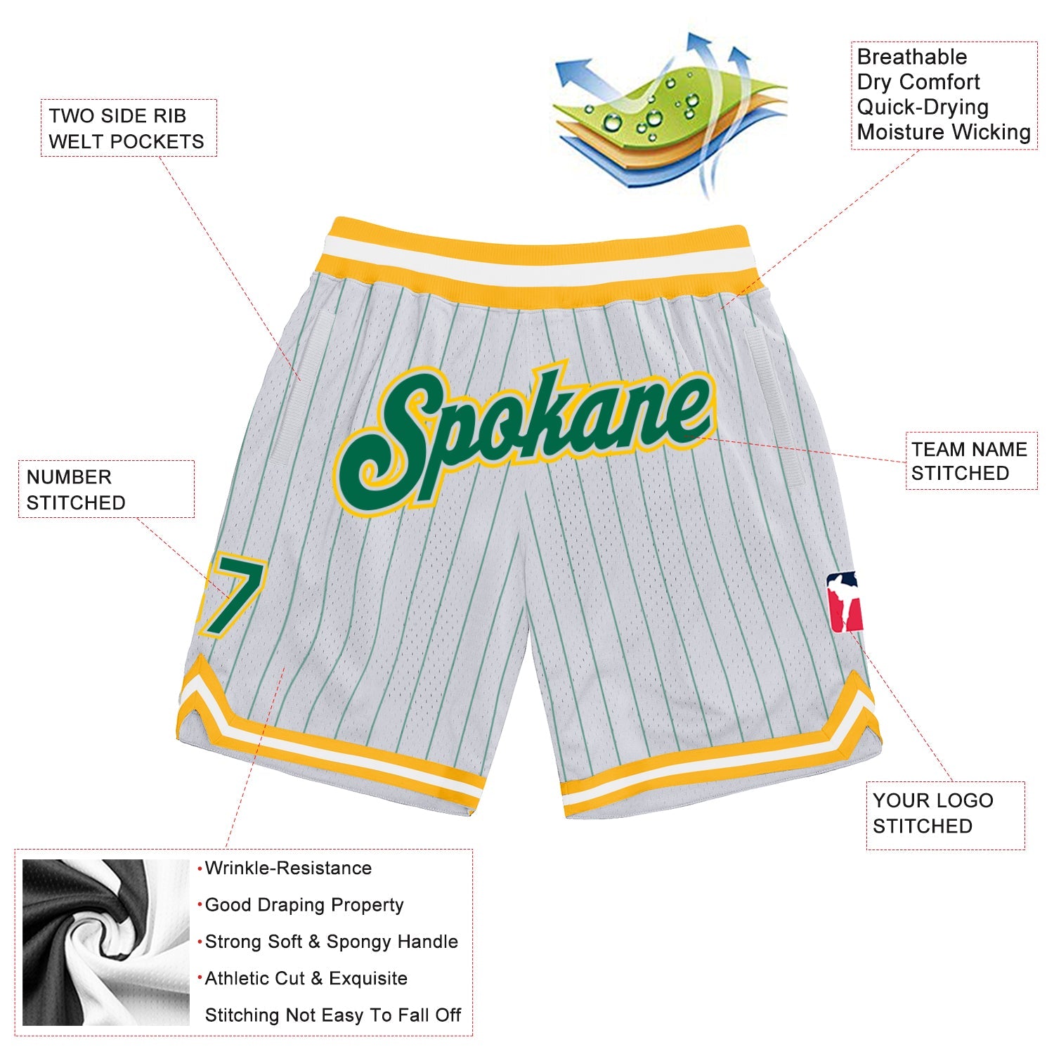 Custom White Kelly Green Pinstripe Kelly Green-Gold Authentic Basketball Shorts view 2