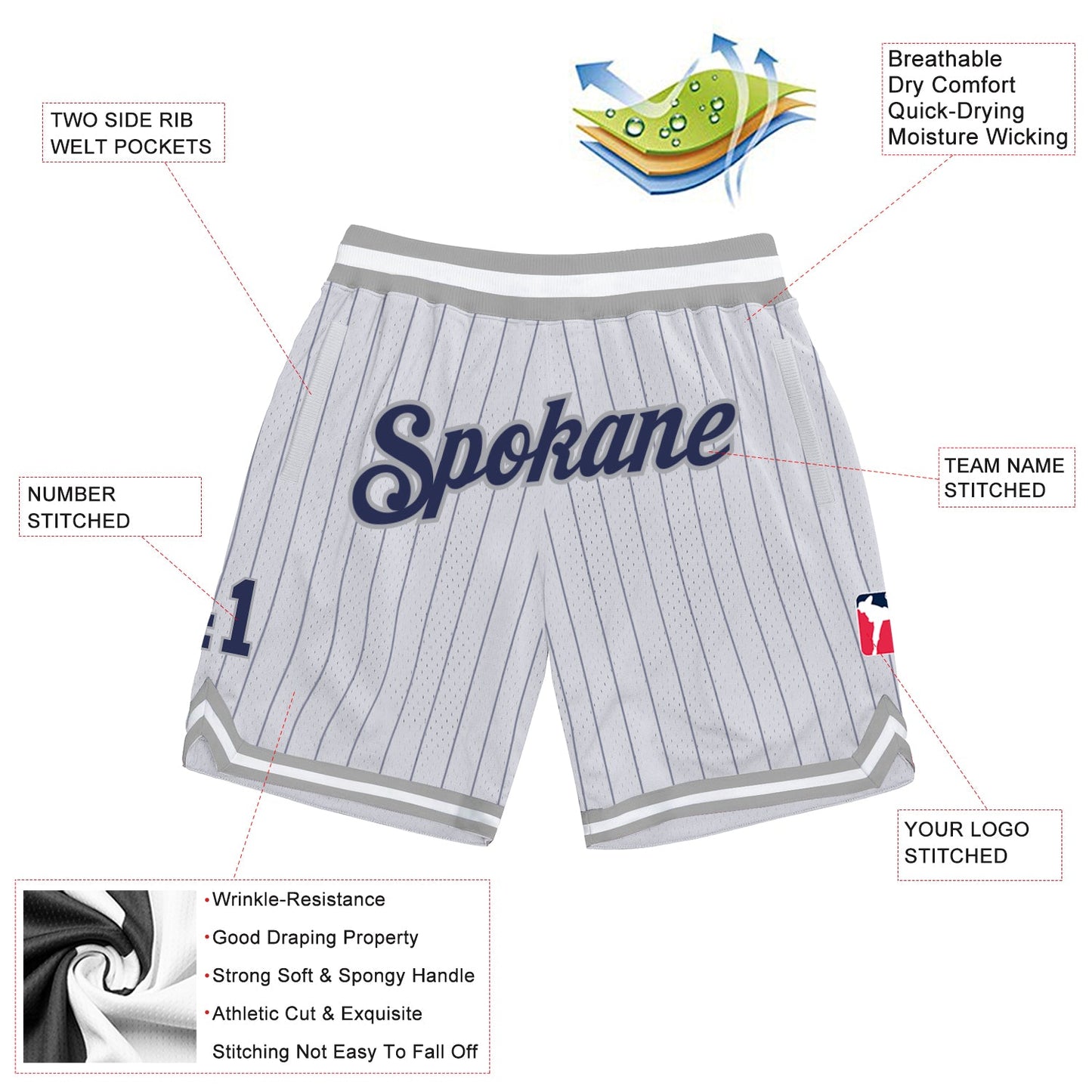 Custom White Navy Pinstripe Navy-Gray Authentic Basketball Shorts view 2