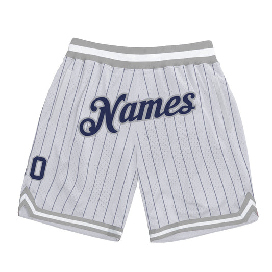 Custom White Navy Pinstripe Navy-Gray Authentic Basketball Shorts - Main View