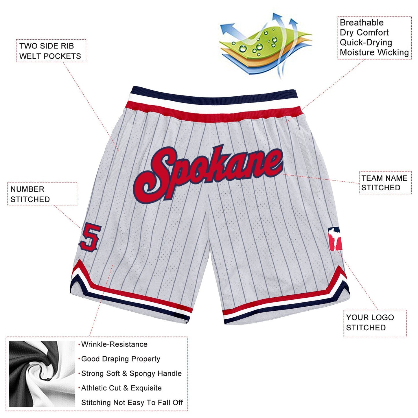 Custom White Navy Pinstripe Red-Navy Authentic Basketball Shorts view 2