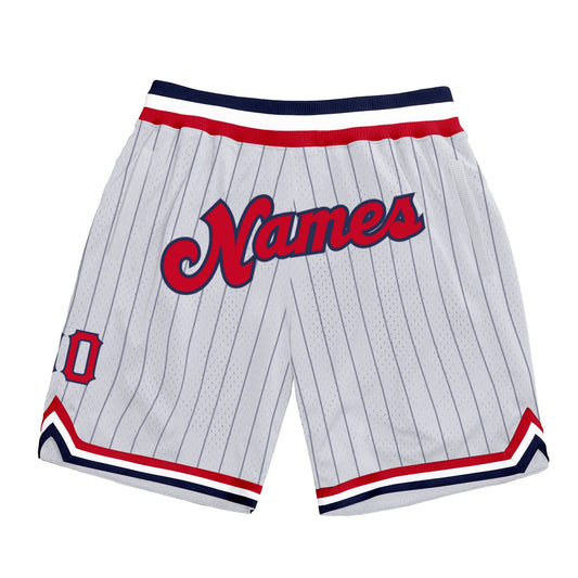 Custom White Navy Pinstripe Red-Navy Authentic Basketball Shorts - Main View