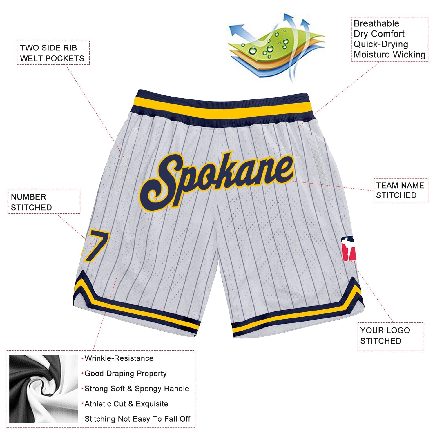 Custom White Navy Pinstripe Navy-Gold Authentic Basketball Shorts view 2