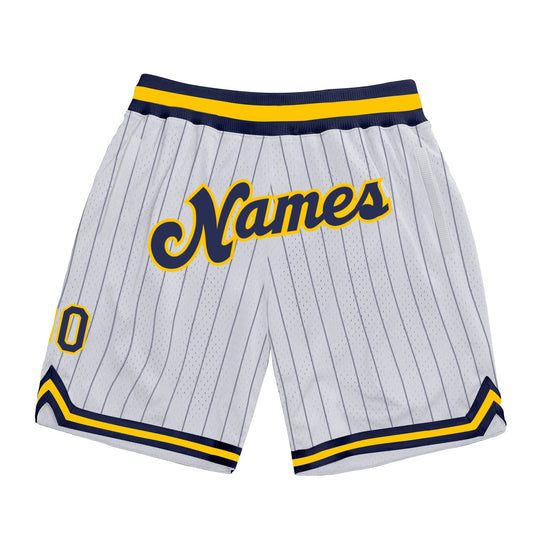 Custom White Navy Pinstripe Navy-Gold Authentic Basketball Shorts - Main View