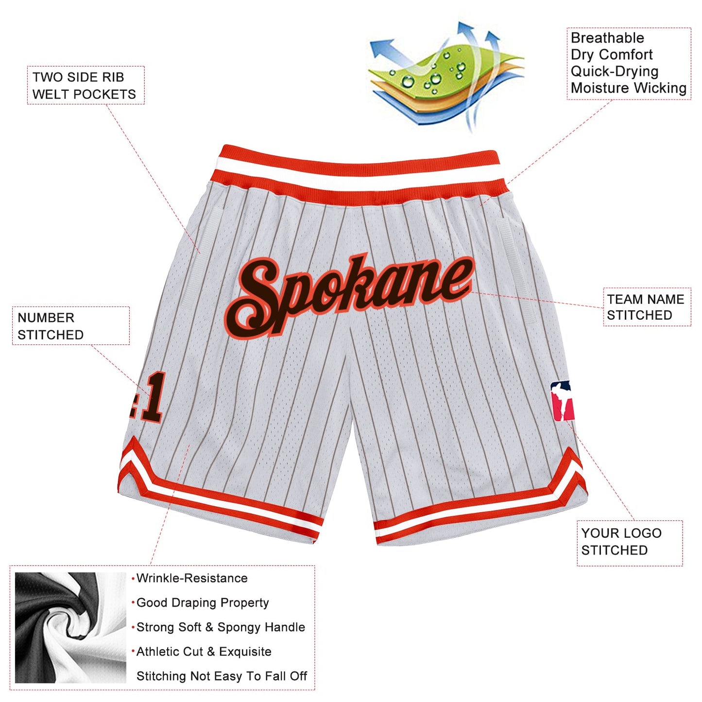 Custom White Brown Pinstripe Brown-Orange Authentic Basketball Shorts view 2