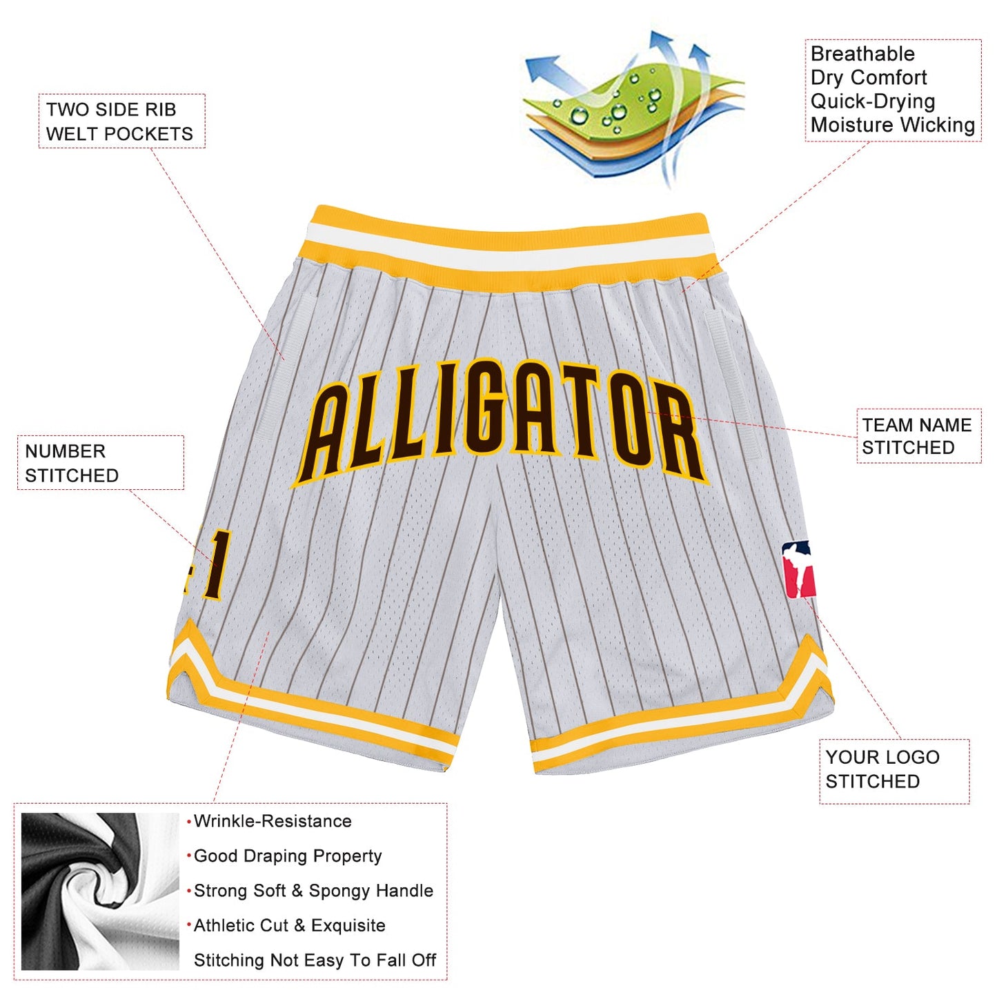 Custom White Brown Pinstripe Brown-Gold Authentic Basketball Shorts view 2