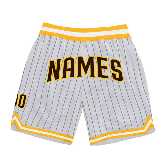 Custom White Brown Pinstripe Brown-Gold Authentic Basketball Shorts - Main View