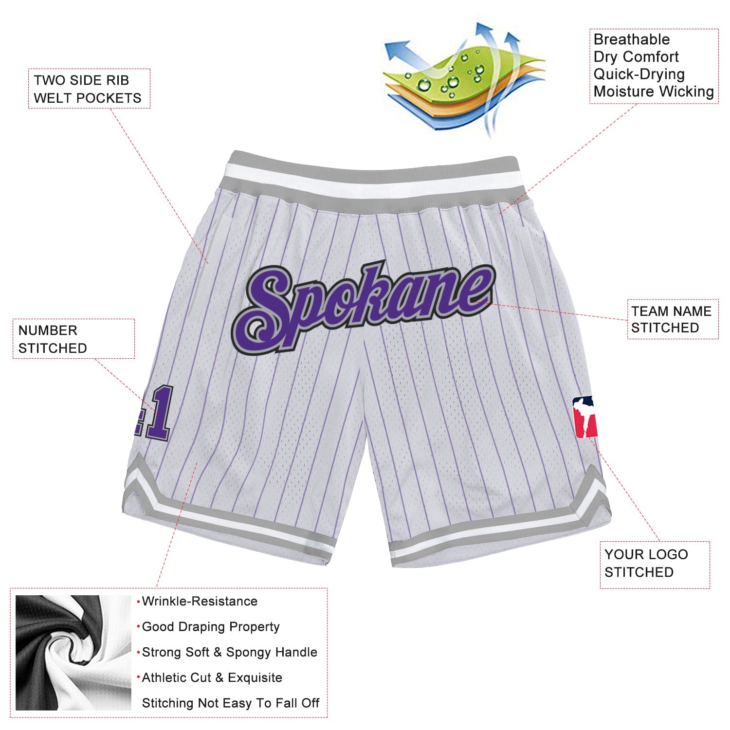 Custom White Purple Pinstripe Purple-Gray Authentic Basketball Shorts view 2