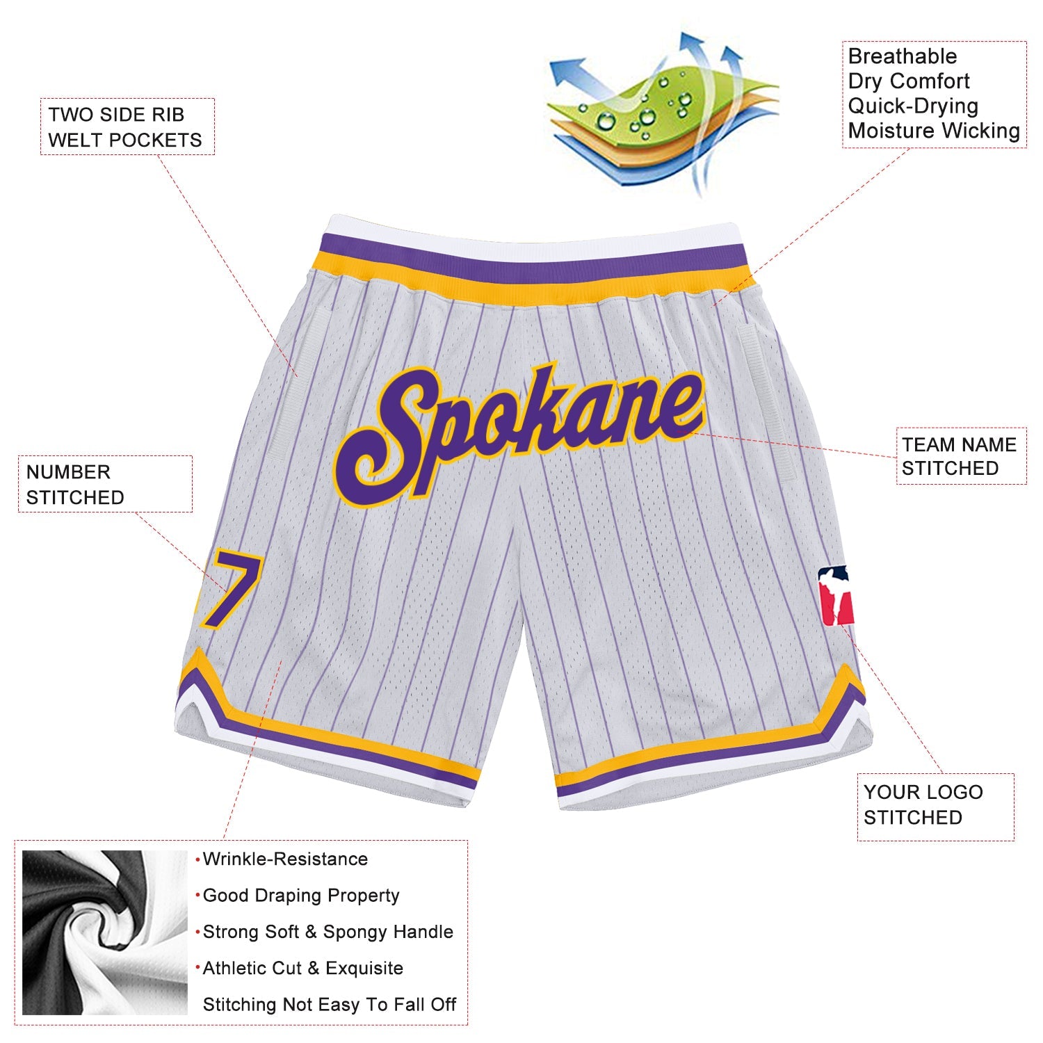 Custom White Purple Pinstripe Purple-Gold Authentic Basketball Shorts view 2