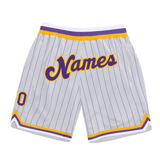 Custom White Purple Pinstripe Purple-Gold Authentic Basketball Shorts - Main View