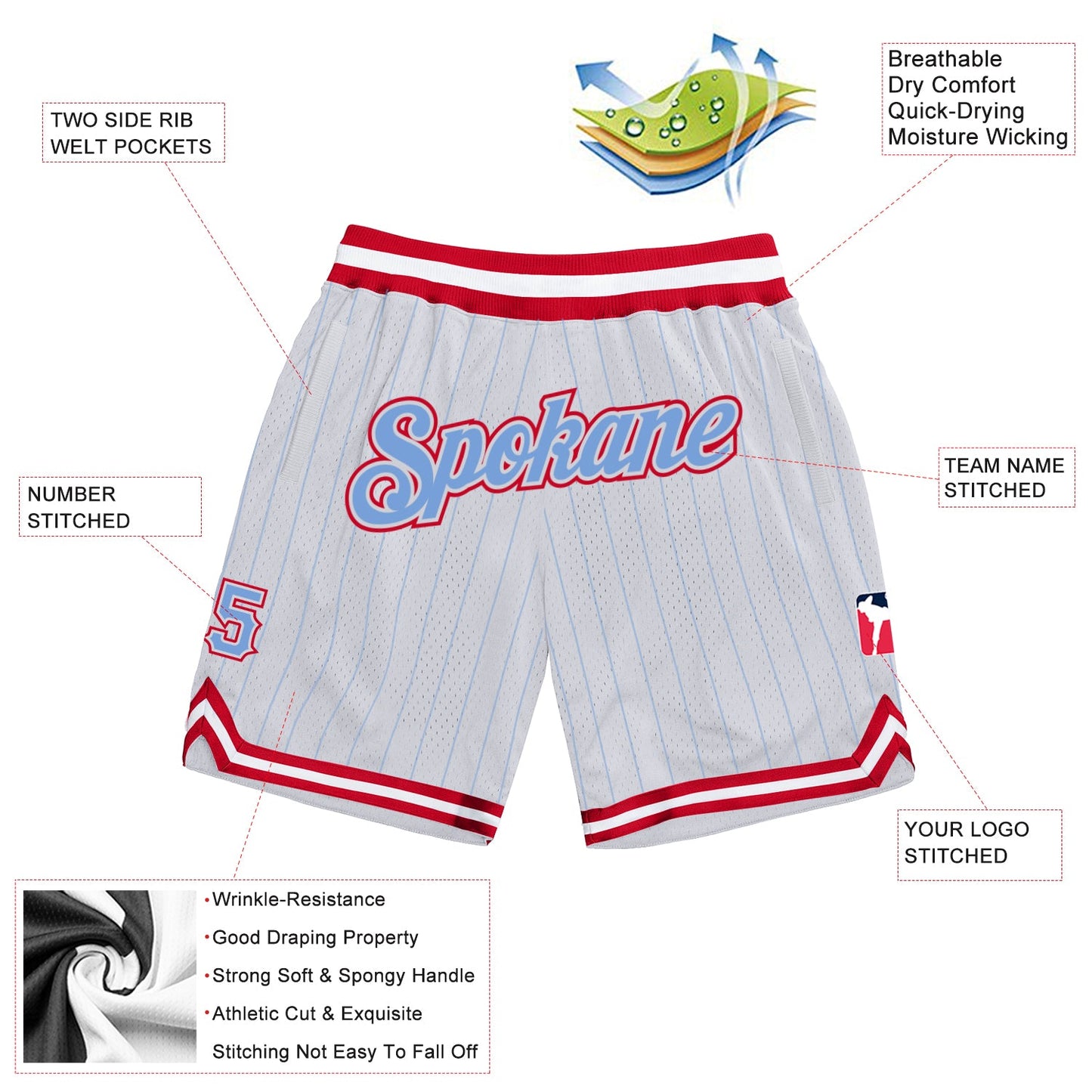 Custom White Light Blue Pinstripe Light Blue-Red Authentic Basketball Shorts view 2