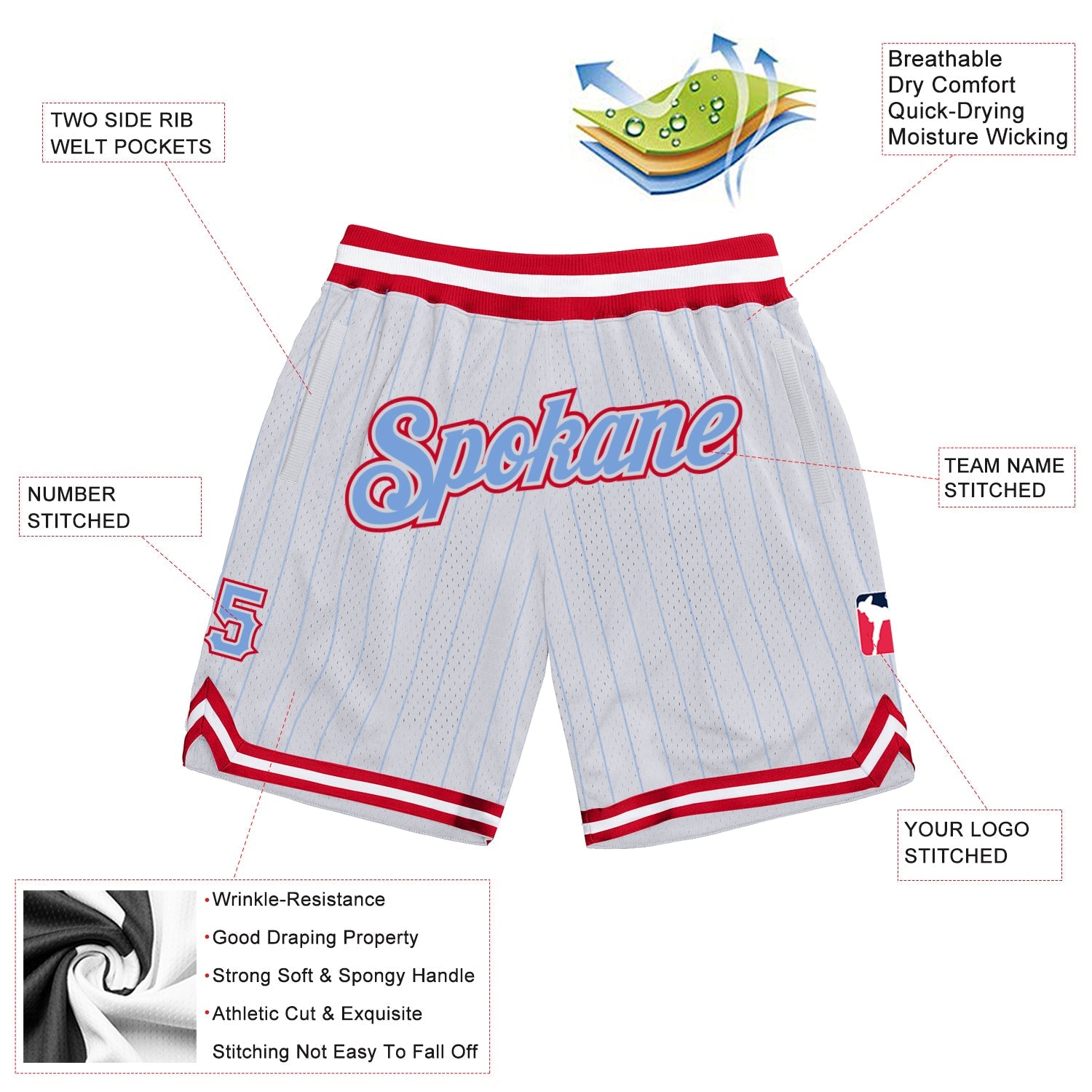 Custom White Light Blue Pinstripe Light Blue-Red Authentic Basketball Shorts view 2