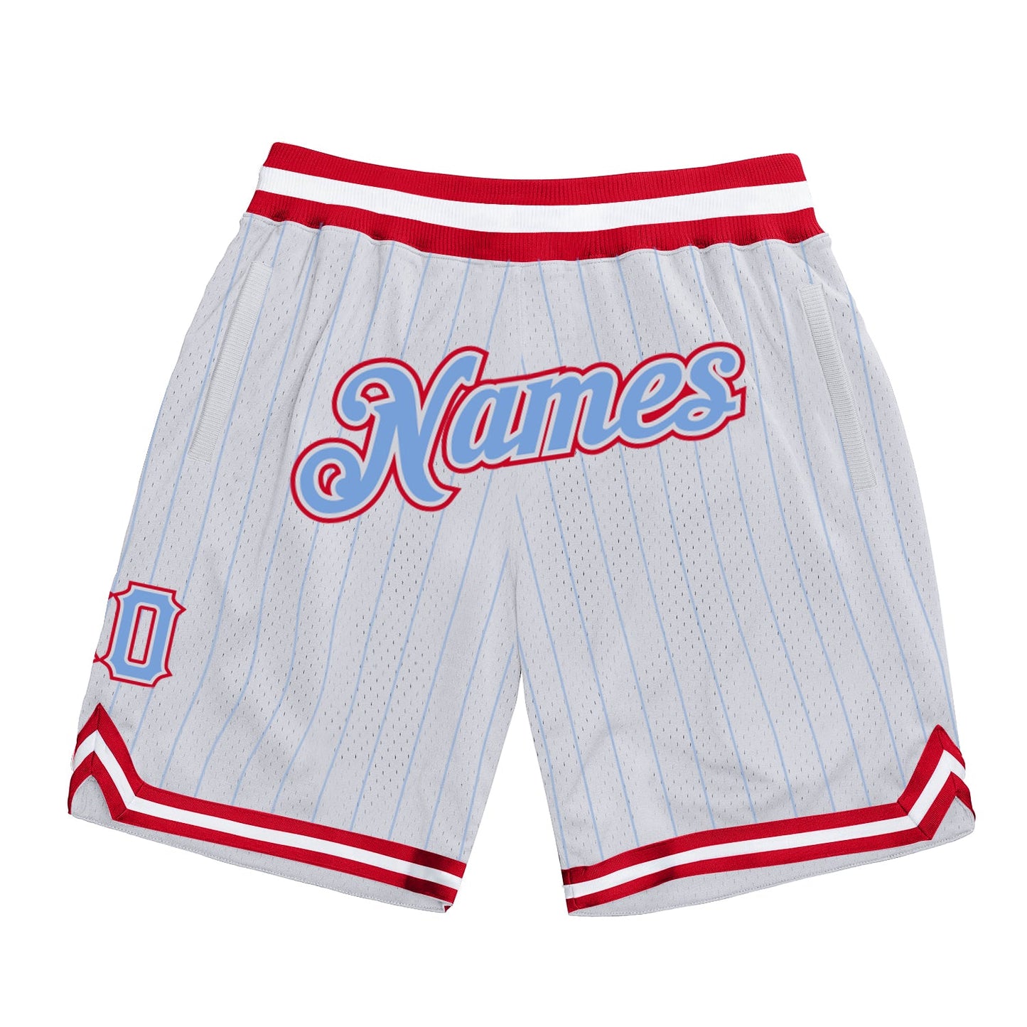 Custom White Light Blue Pinstripe Light Blue-Red Authentic Basketball Shorts - Main View