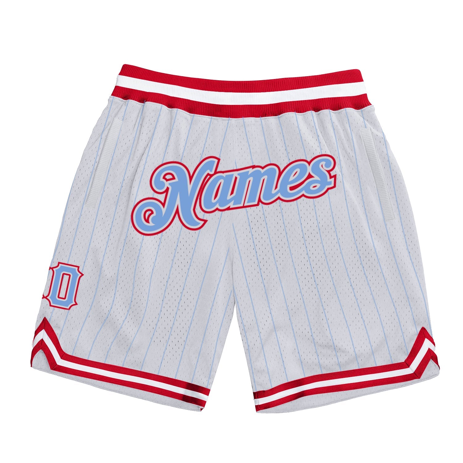 Custom White Light Blue Pinstripe Light Blue-Red Authentic Basketball Shorts - Main View
