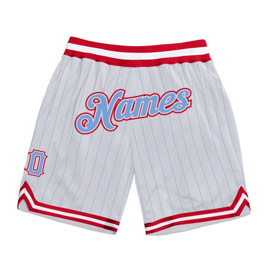 Custom White Light Blue Pinstripe Light Blue-Red Authentic Basketball Shorts - Main View