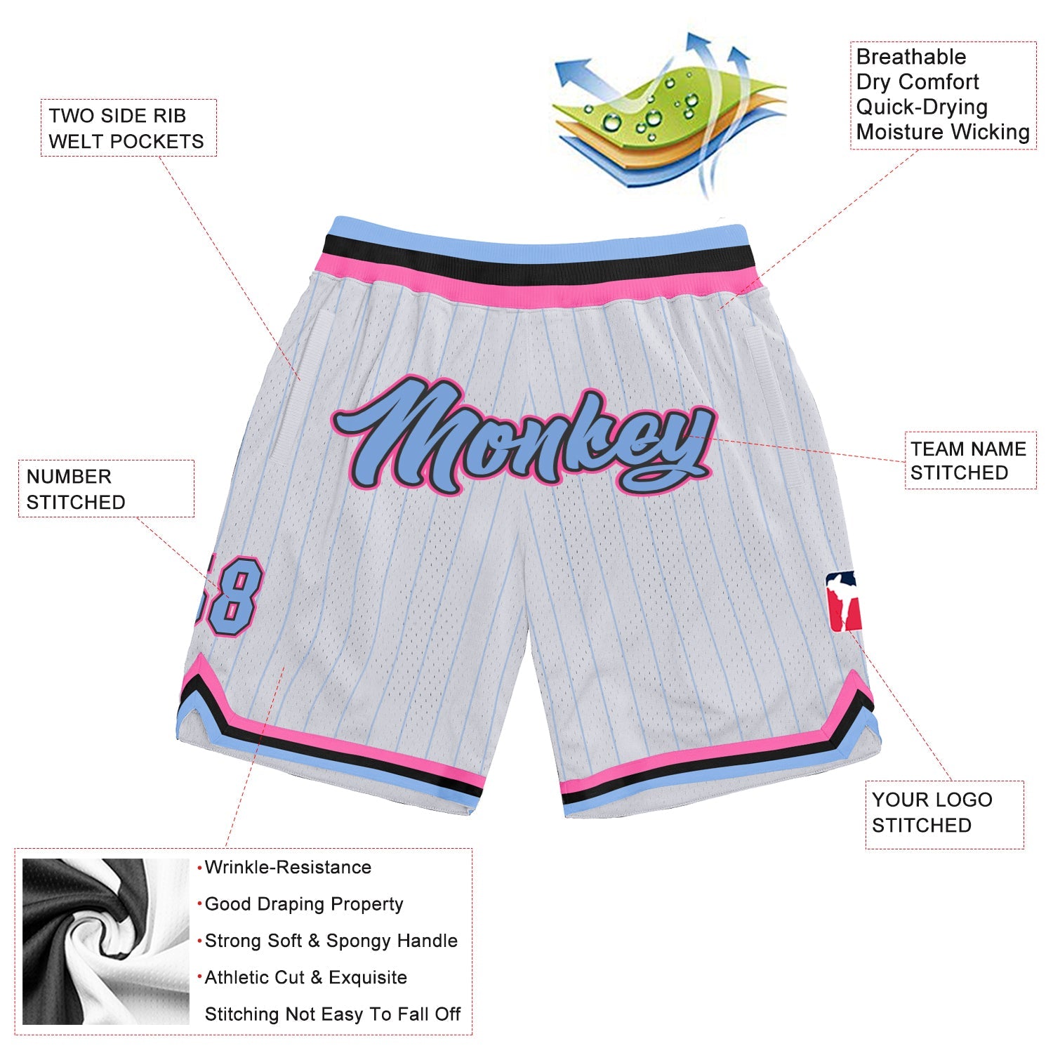 Custom White Light Blue Pinstripe Light Blue-Pink Authentic Basketball Shorts view 2