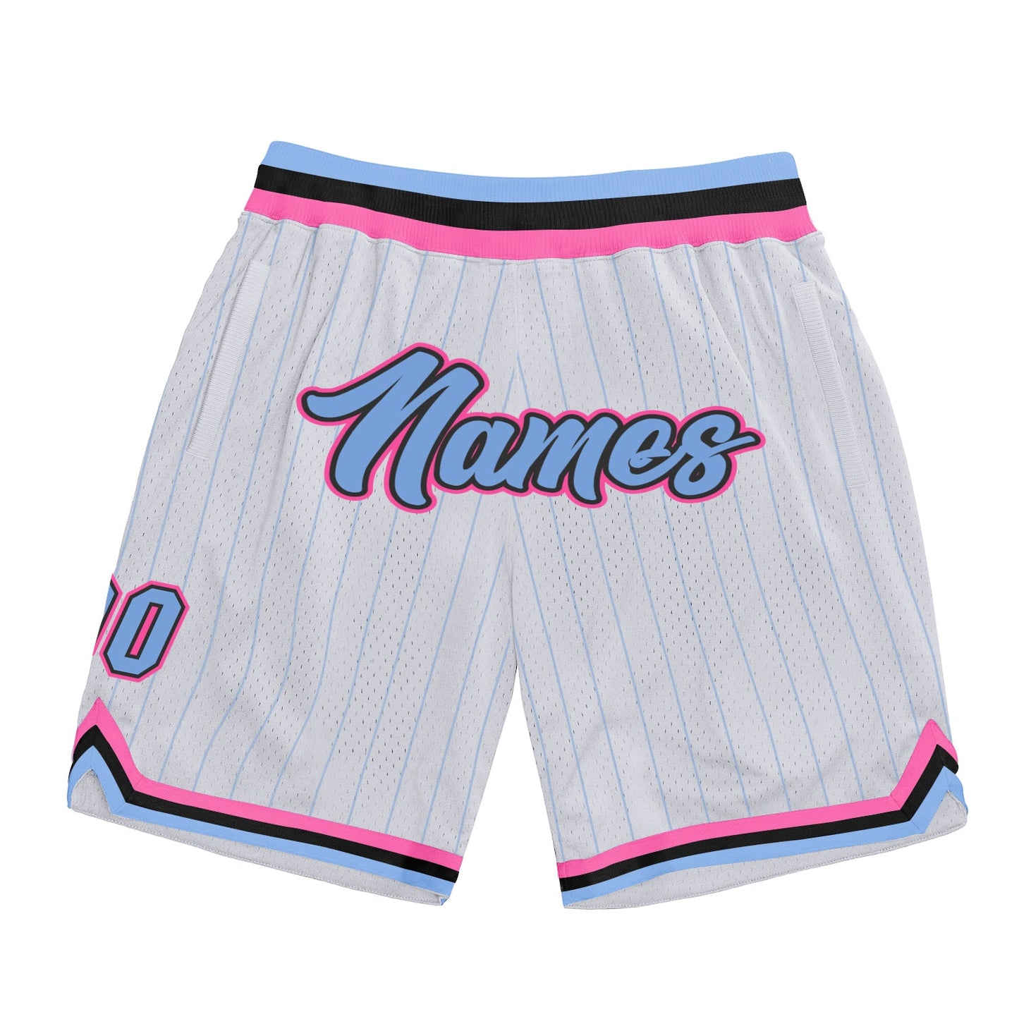 Custom White Light Blue Pinstripe Light Blue-Pink Authentic Basketball Shorts - Main View