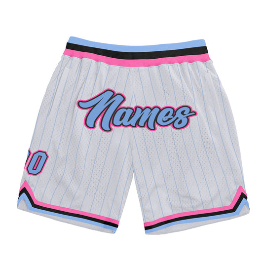 Custom White Light Blue Pinstripe Light Blue-Pink Authentic Basketball Shorts - Main View