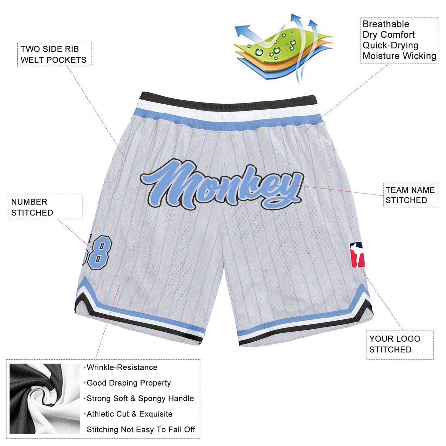 Custom White Light Blue Pinstripe Light Blue-Black Authentic Basketball Shorts view 2