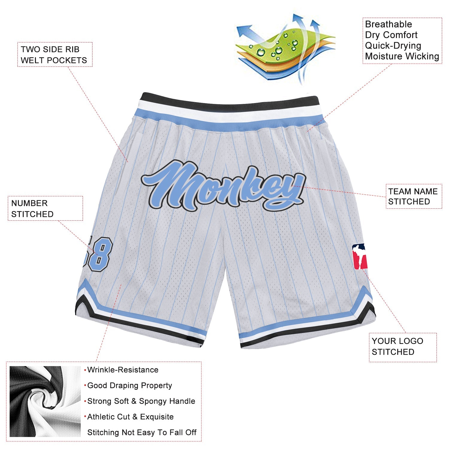 Custom White Light Blue Pinstripe Light Blue-Black Authentic Basketball Shorts view 2