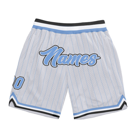 Custom White Light Blue Pinstripe Light Blue-Black Authentic Basketball Shorts - Main View