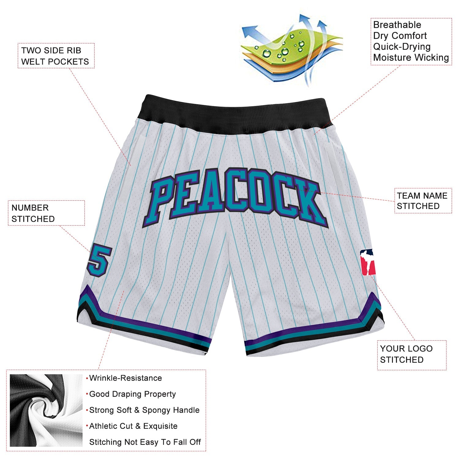 Custom White Teal Pinstripe Teal-Purple Authentic Basketball Shorts view 2
