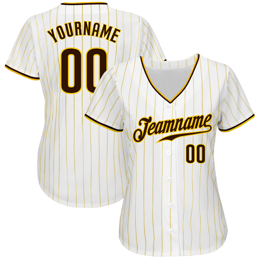 Custom White Gold Pinstripe Brown-Gold Authentic Baseball Jersey view 2
