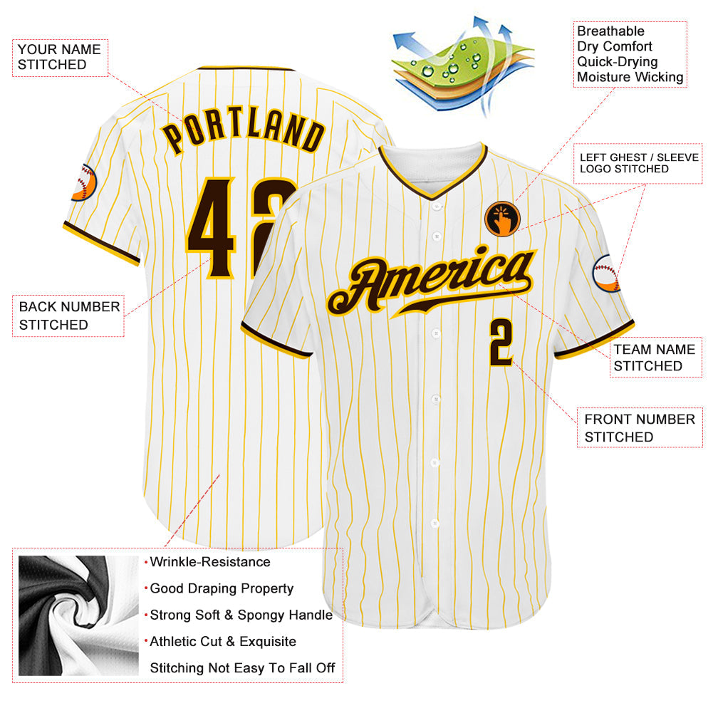 Custom White Gold Pinstripe Brown-Gold Authentic Baseball Jersey view 3