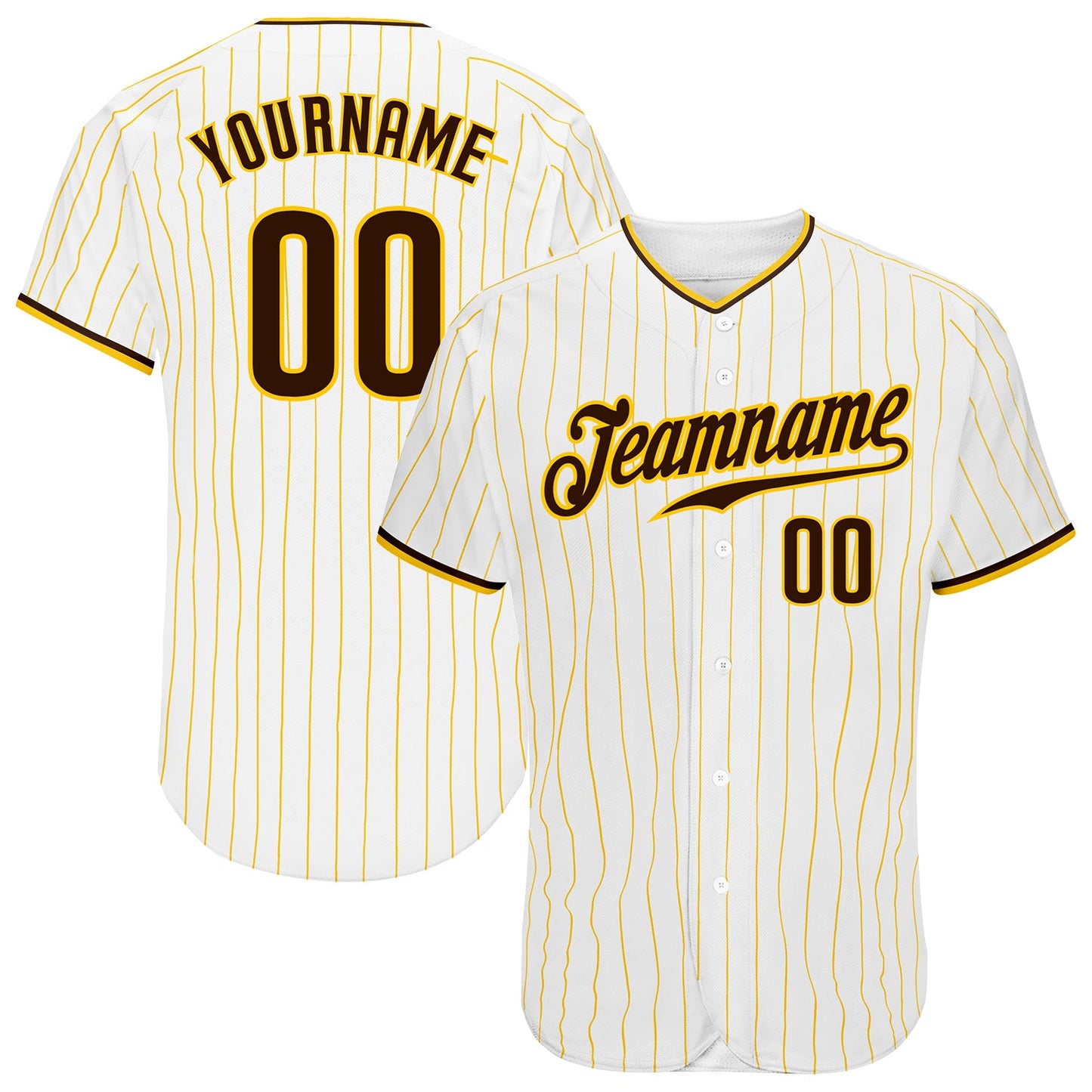 Custom White Gold Pinstripe Brown-Gold Authentic Baseball Jersey - Main View