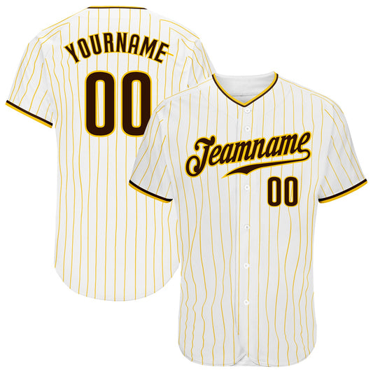 Custom White Gold Pinstripe Brown-Gold Authentic Baseball Jersey - Main View