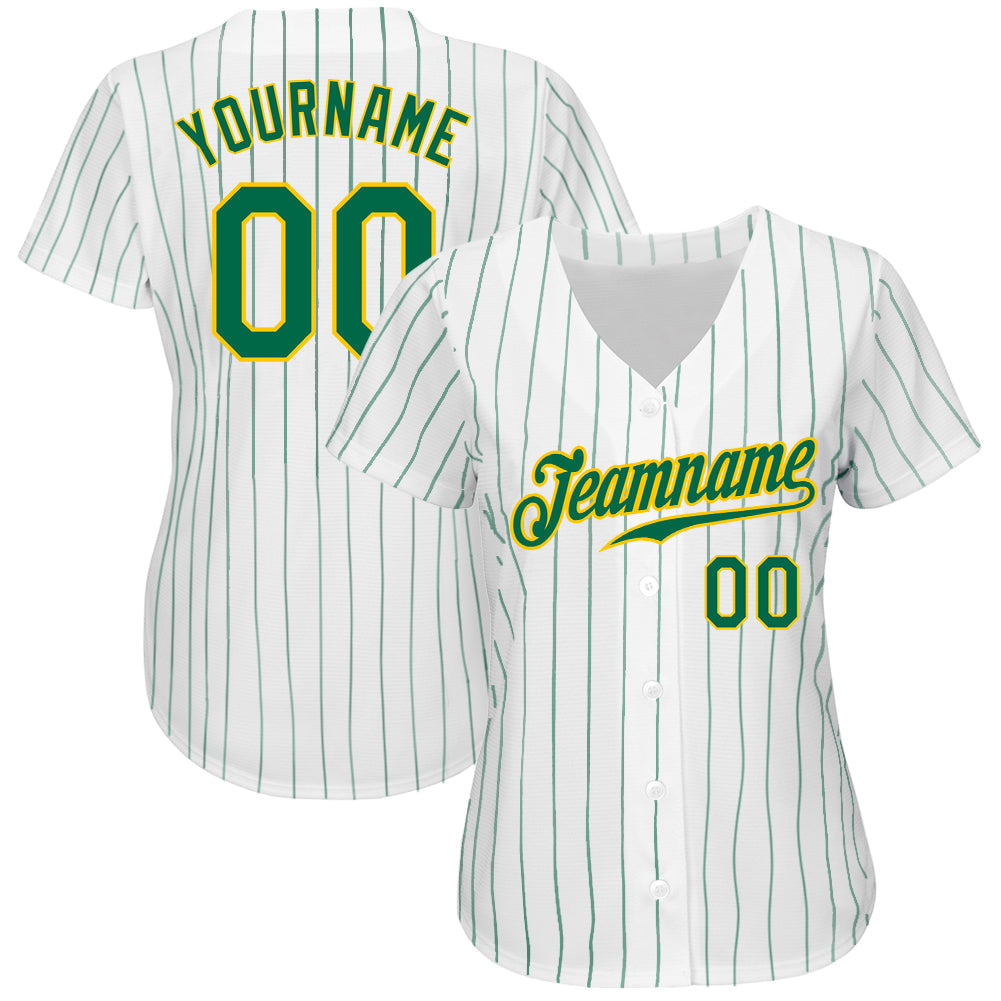 Custom White Kelly Green Pinstripe Kelly Green-Gold Authentic Baseball Jersey view 2
