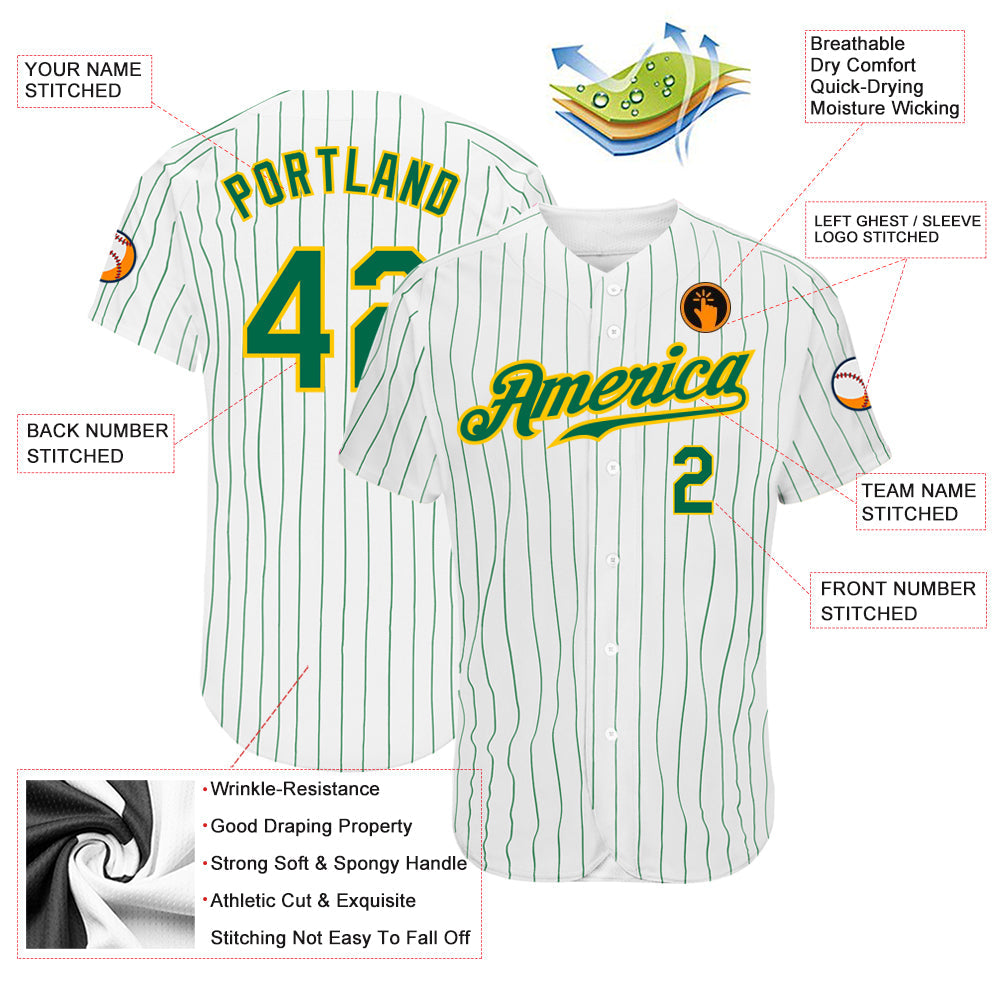 Custom White Kelly Green Pinstripe Kelly Green-Gold Authentic Baseball Jersey view 3