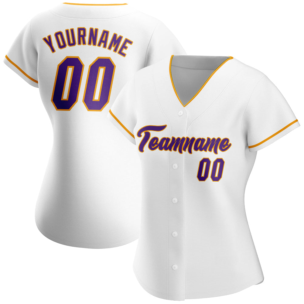 Custom White Purple-Gold Authentic Baseball Jersey view 2