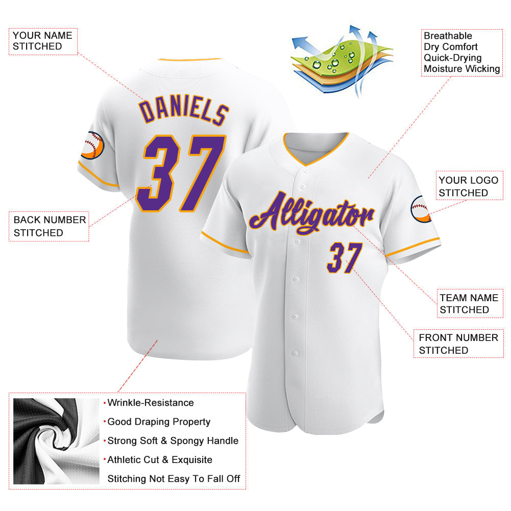 Custom White Purple-Gold Authentic Baseball Jersey view 3