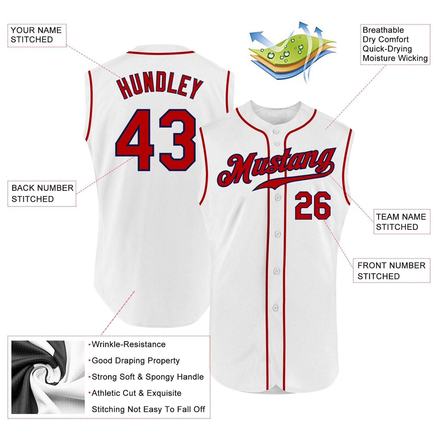 Custom White Red-Navy Authentic Sleeveless Baseball Jersey view 2