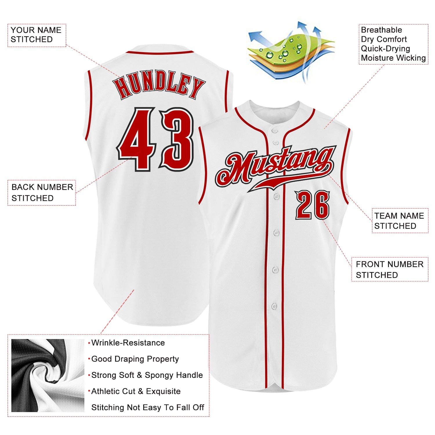 Custom White Red-Black Authentic Sleeveless Baseball Jersey view 2
