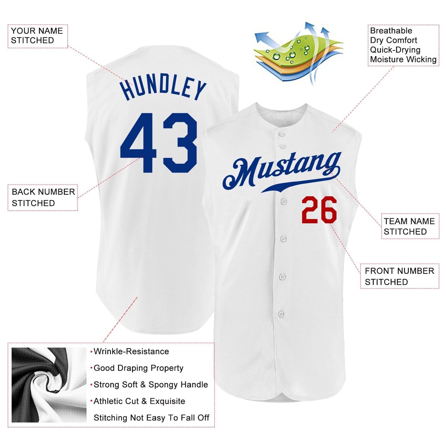 Custom White Royal-Red Authentic Sleeveless Baseball Jersey view 2