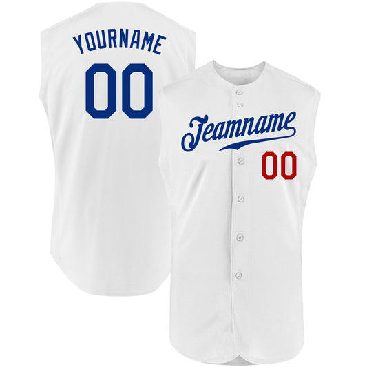 Custom White Royal-Red Authentic Sleeveless Baseball Jersey - Main View