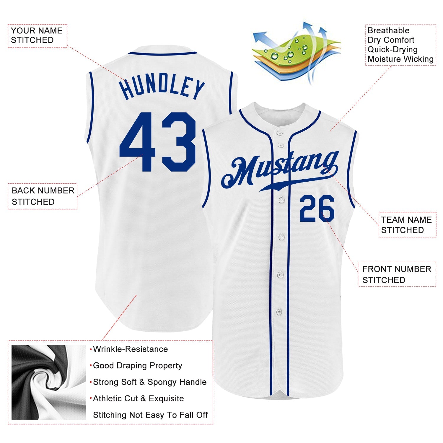 Custom White Royal Authentic Sleeveless Baseball Jersey view 2