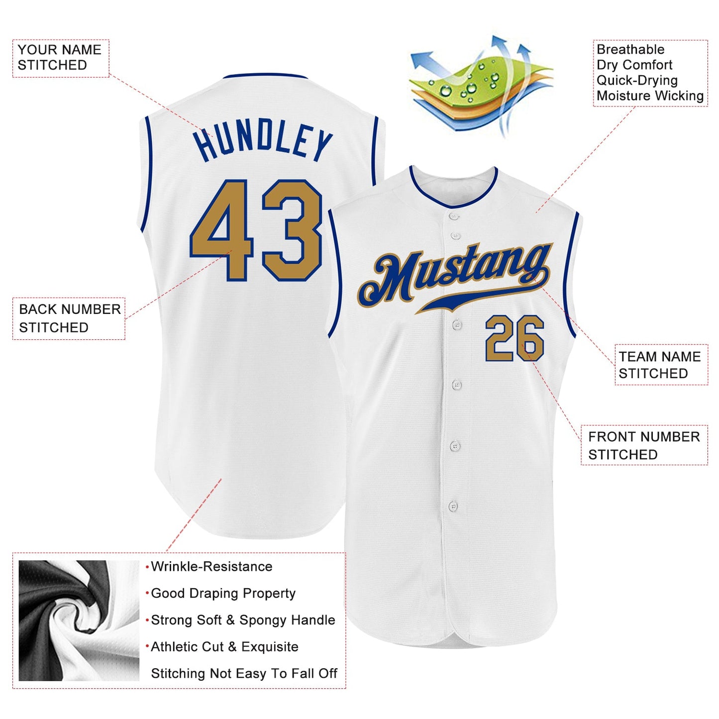 Custom White Old Gold-Royal Authentic Sleeveless Baseball Jersey view 2