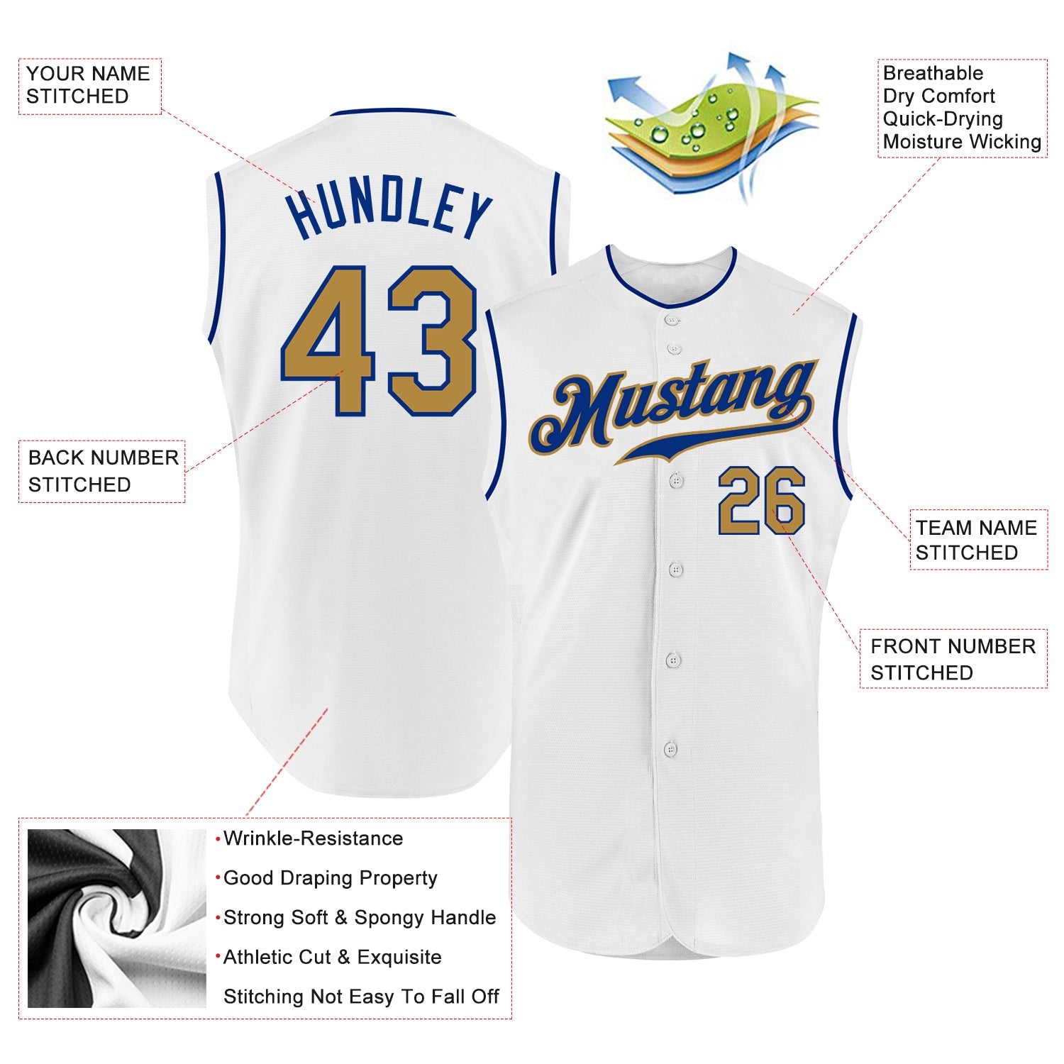 Custom White Old Gold-Royal Authentic Sleeveless Baseball Jersey view 2