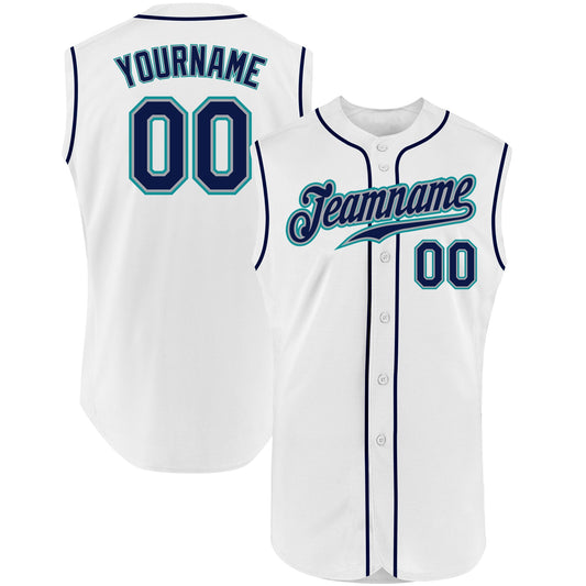 Custom White Navy-Teal Authentic Sleeveless Baseball Jersey - Main View