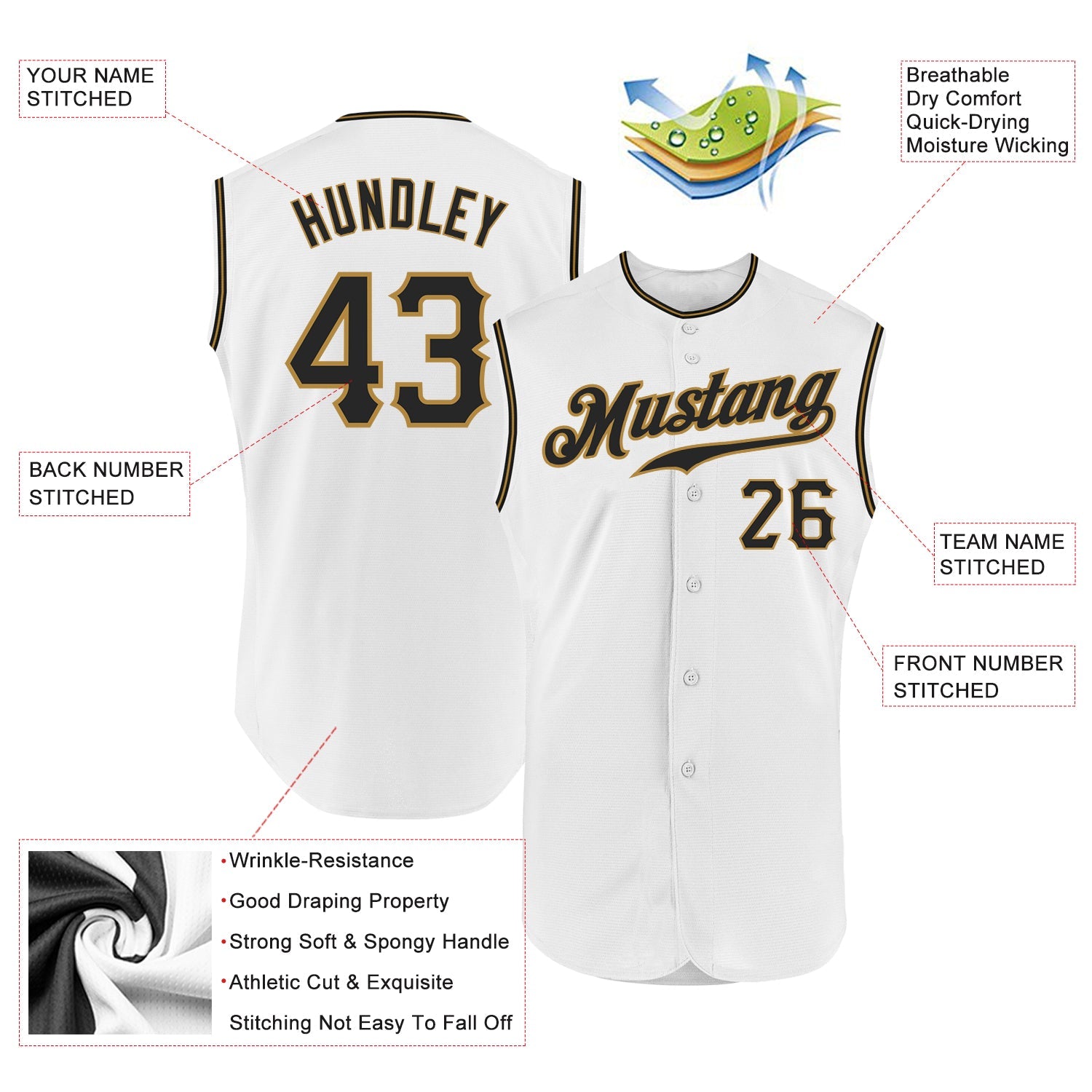 Custom White Black-Old Gold Authentic Sleeveless Baseball Jersey view 2