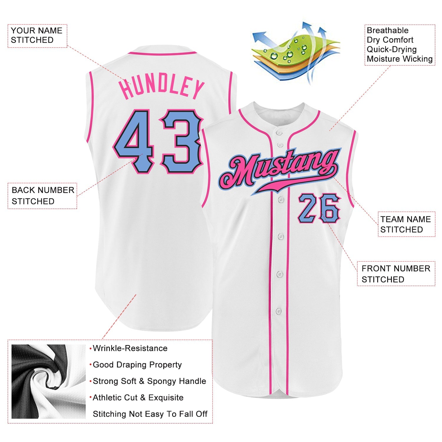 Custom White Light Blue-Pink Authentic Sleeveless Baseball Jersey view 2