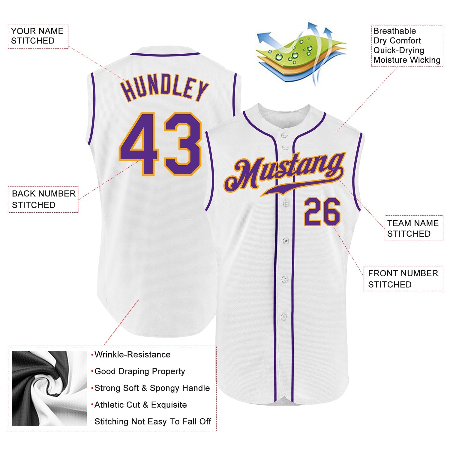 Custom White Purple-Gold Authentic Sleeveless Baseball Jersey view 2